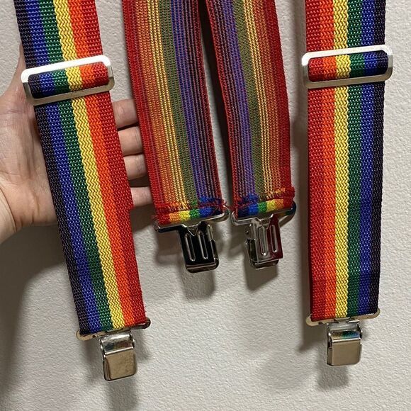 Vintage 80s Rainbow Suspenders 110 Leather Back Metal Clips Pridecore Punk Retro - Picture 8 of 8